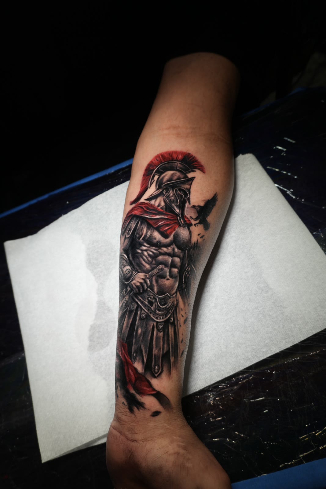 Guerrero espartano realista con cresta y capa roja en antebrazo